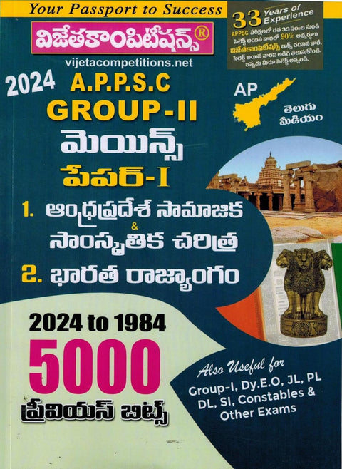 APPSC Group II Mains Paper I - Social and Cultural History Of Andhra Pradesh and Indian Constitution Previous Bits ( From 1984 to 2024 - 5000 Bits Telugu