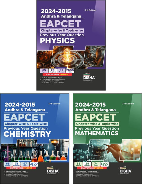 2024 - 2015 Andhra & Telangana EAPCET Chapter-wise & Topic-wise Previous Year Solved Papers Maths-Physics-Chemistry set of 3 Books Combo